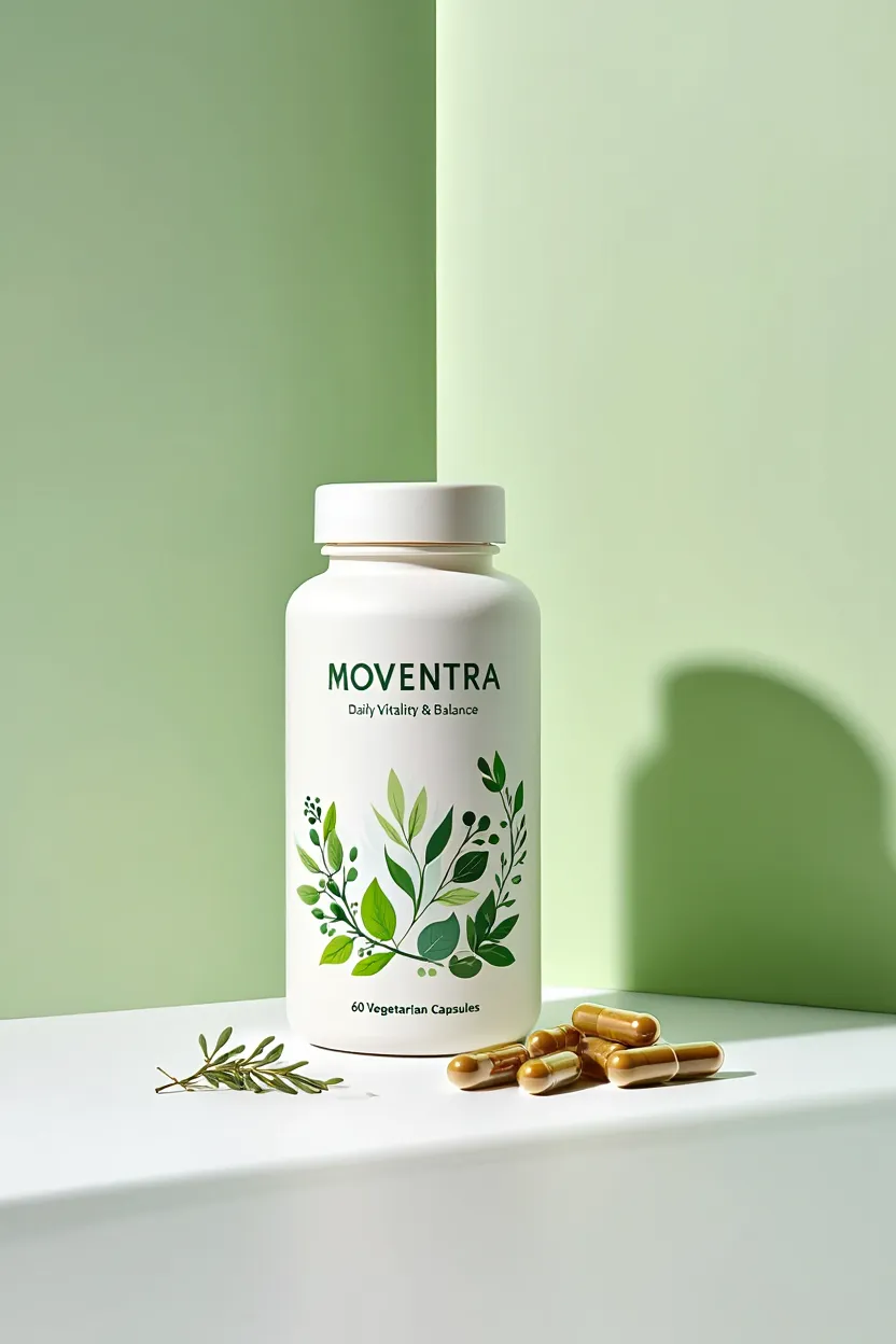 Moventra dietary supplement bottle with natural ingredients for daily vitality and balance